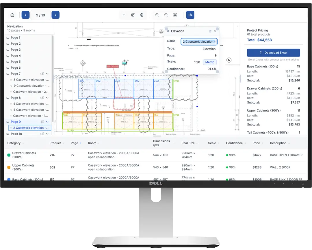 Takeoff BOT UI on a desktop computer. Showing Pages, tags and estimate panel.