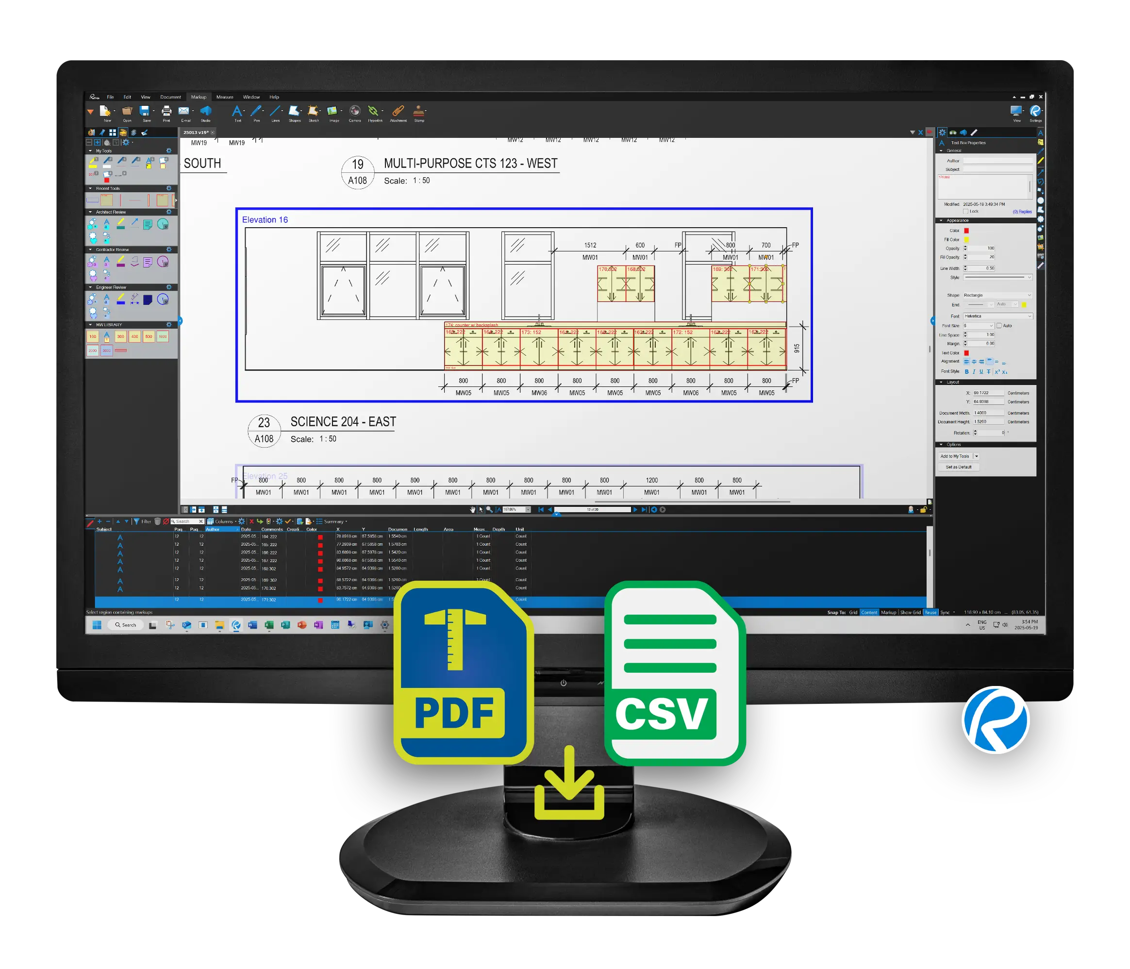 TakeoffBOT PDF opened in Blue Beem Revu on LCD Monitor